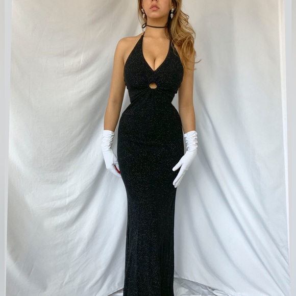 Black vintage y2k goth glitter halter prom dress gown with fishtail train - Picture 3 of 5